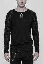 Black Long Sleeves Metal D-Buckle Ripped Men's Steampunk T-Shirt